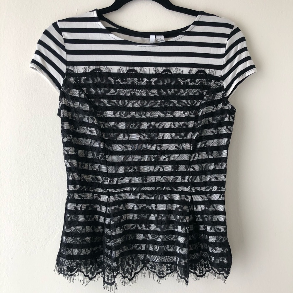 🛍 4/$25! Elle Striped Peplum Lace Blouse